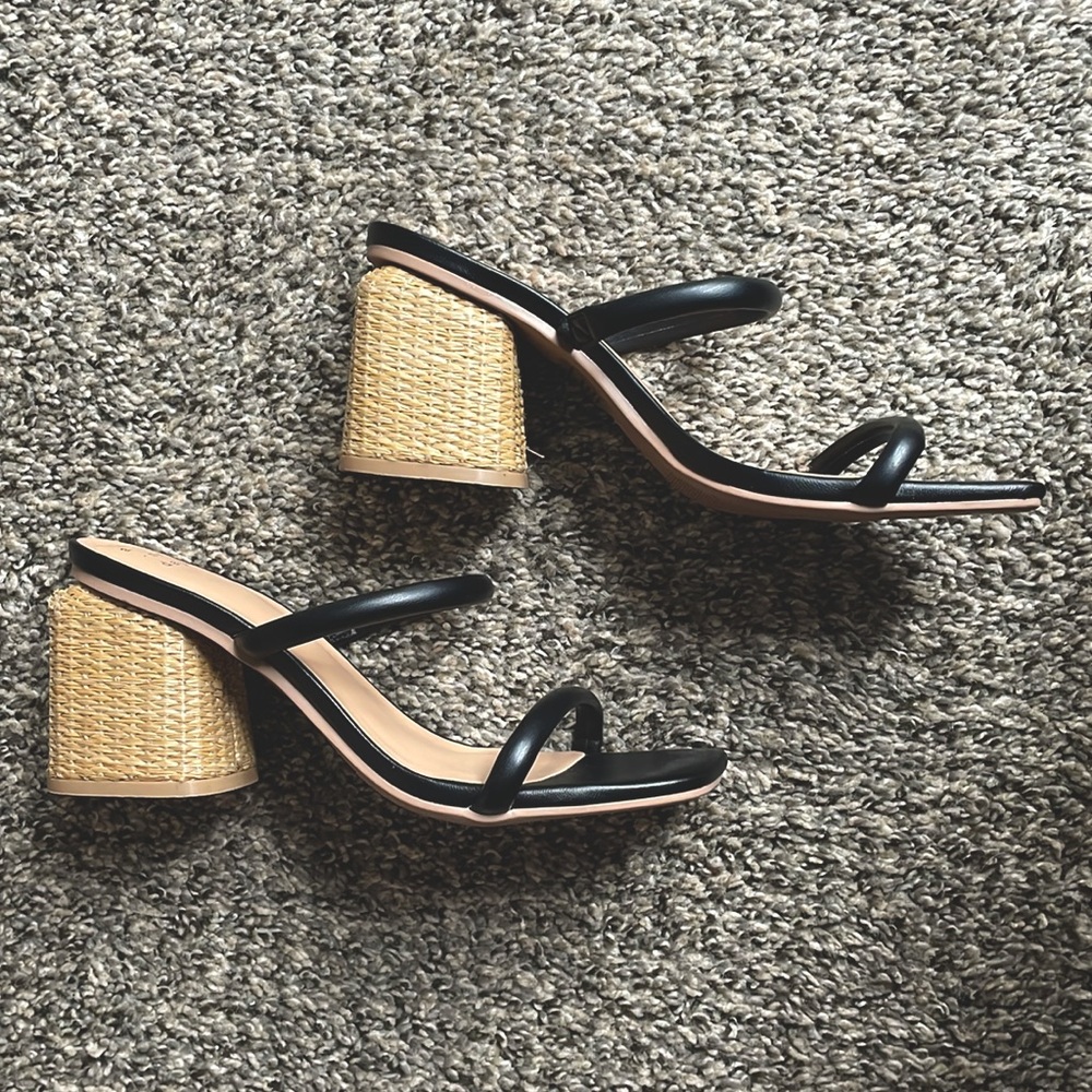 Black Strap Heels Wicker Wedge